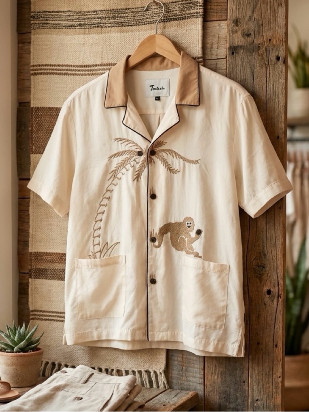Tombolo Cream Short-Sleeve Embroidered Palm & Monkey Button-Down Shirt
